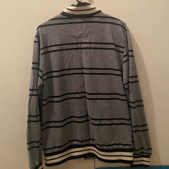 Varsity Jacket Gray Black Stripe Snap Button Men's Large Blue - Picture 2 of 3